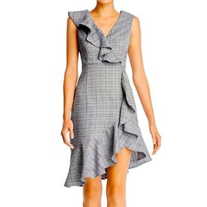 Grey plaid flounce ruffle sleeveless work dress blue and grey check NWT L AQUA